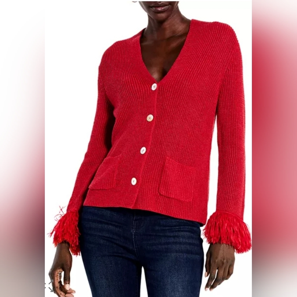 Nic+Zoe Deep Red Knit Cardigan M Tulle Fringe Cuffs Pearl Buttons Statement - Picture 13 of 13